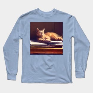 Kitten sleeping on paperwork Long Sleeve T-Shirt